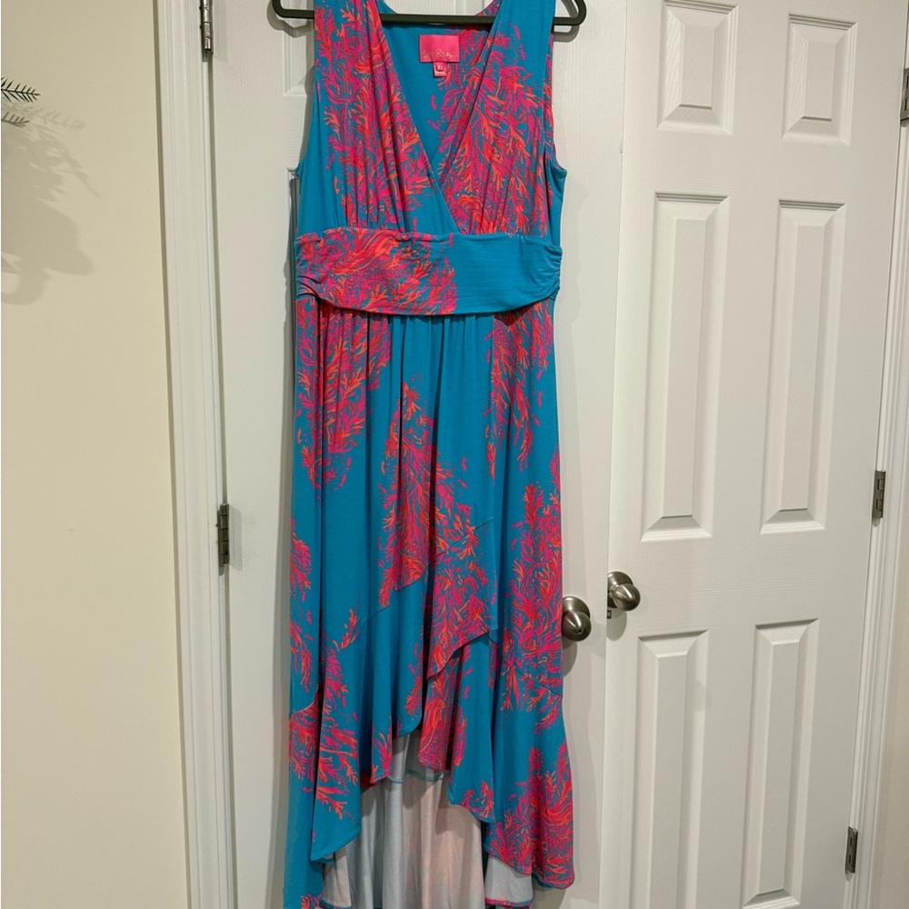 Lilly Pulitzer Moana Maxi Dress Teal and Coral Patterned Dress